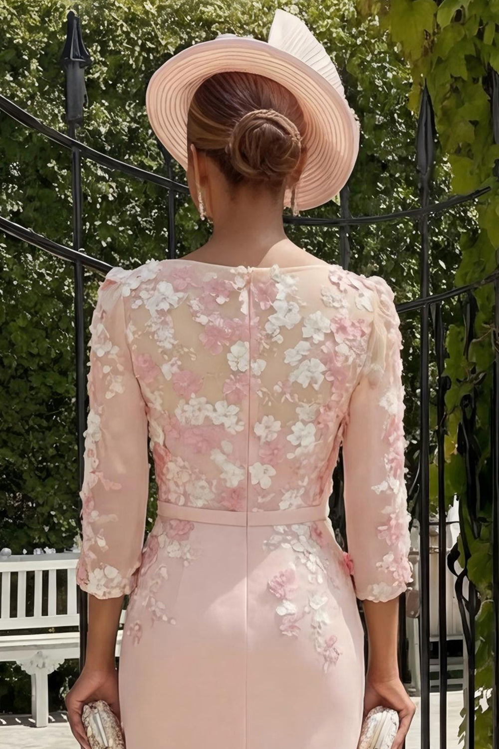 Dusty Rose Bodycon Floral Midi Mother of the Bride Dress with Sleeves