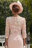 Dusty Rose Bodycon Floral Midi Mother of the Bride Dress with Sleeves
