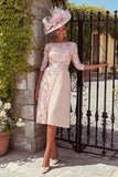 Dusty Rose Bateau Neck Midi Mother of the Bride Dress with Sleeves