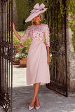 Dusty Rose Crew Neck Ruched Midi Mother of the Bride Dress with Sleeves