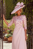 Dusty Rose Crew Neck Ruched Midi Mother of the Bride Dress with Sleeves