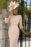 Floral Dusty Rose Bodycon Midi Mother of the Bride Dress with Sleeves