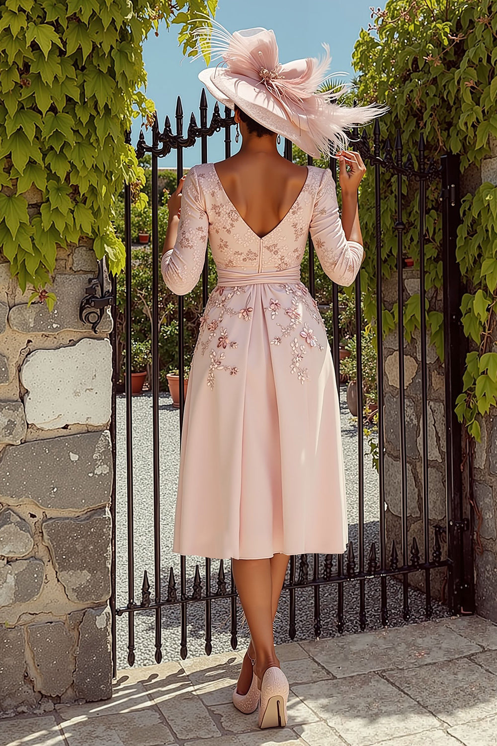 Floral Dusty Rose A-Line Midi Mother of the Bride Dress with Sleeves