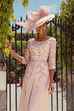 Floral Dusty Rose A-Line Midi Mother of the Bride Dress with Sleeves