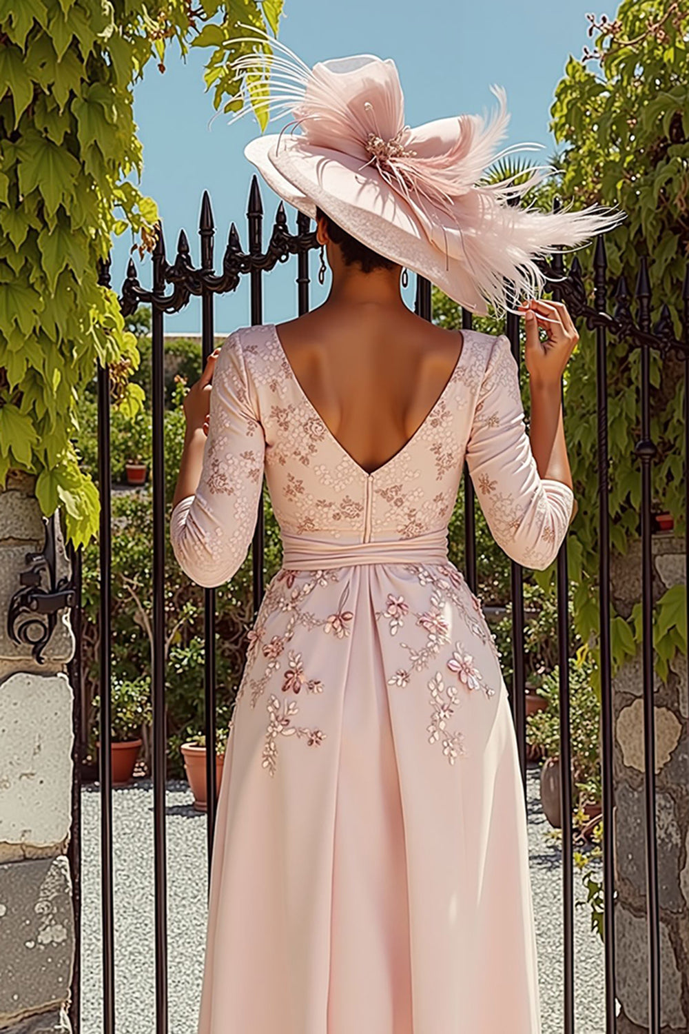 Floral Dusty Rose A-Line Midi Mother of the Bride Dress with Sleeves