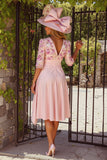 Floral Dusty Rose V-Neck A-Line Midi Mother of the Bride Dress with Sash