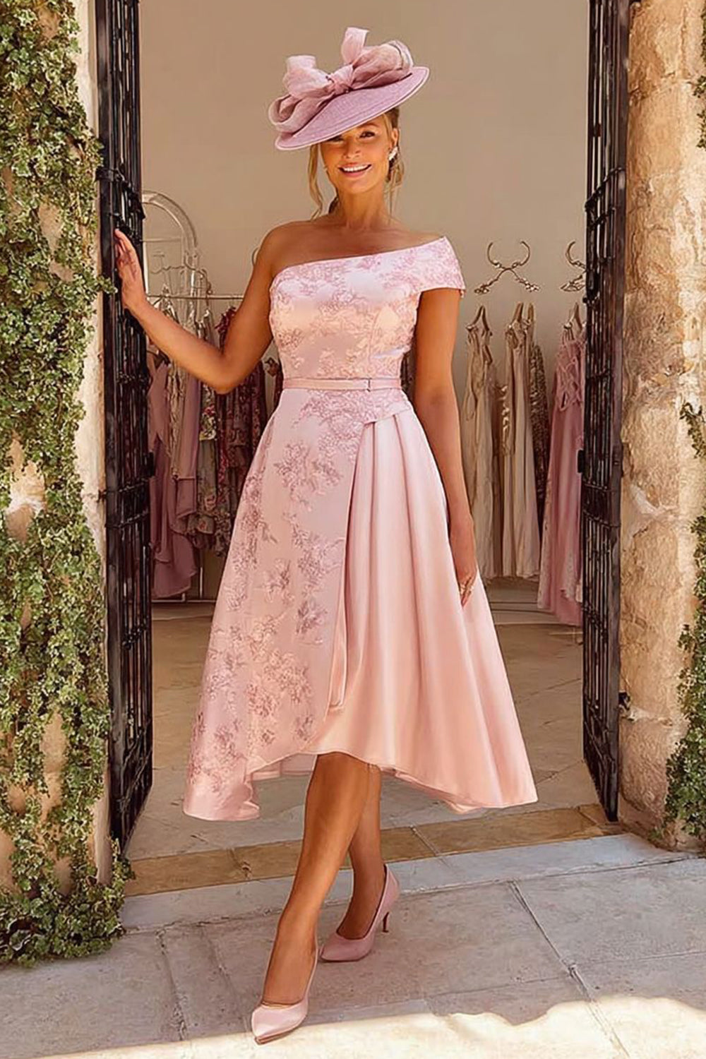 Dusty Rose A-Line Jacquard Midi Mother of the Bride Dress