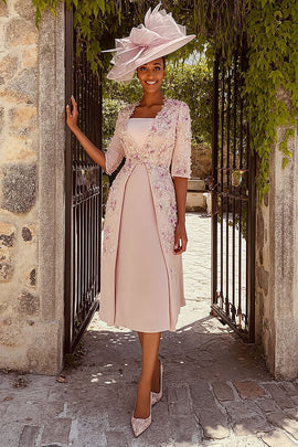 Floral Dusty Rose Midi Mother of the Bride Dress with Sleeves