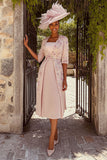 Floral Dusty Rose Midi Mother of the Bride Dress with Sleeves