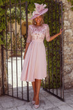 Floral Dusty Rose A Line Pleated Midi Mother of the Bride Dress with Sleeves