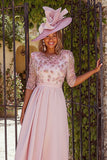 Floral Dusty Rose A Line Pleated Midi Mother of the Bride Dress with Sleeves