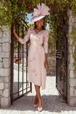 Floral Dusty Rose Ruched V-Neck Midi Mother of the Bride Dress