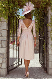 Floral Dusty Rose Ruched V-Neck Midi Mother of the Bride Dress