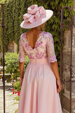 Floral Dusty Rose A Line Midi Mother of the Bride Dress with Sleeves