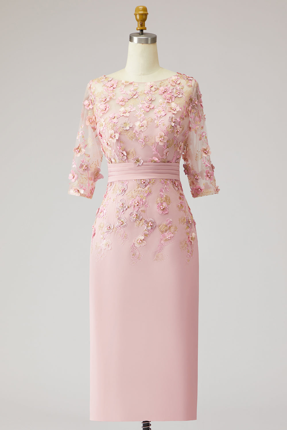 Floral Dusty Rose Boat Neck Midi Mother of the Bride Dress with Sleeves