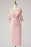 Floral Dusty Rose Boat Neck Midi Mother of the Bride Dress with Sleeves