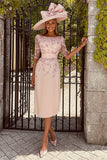 Floral Dusty Rose Boat Neck Midi Mother of the Bride Dress with Sleeves