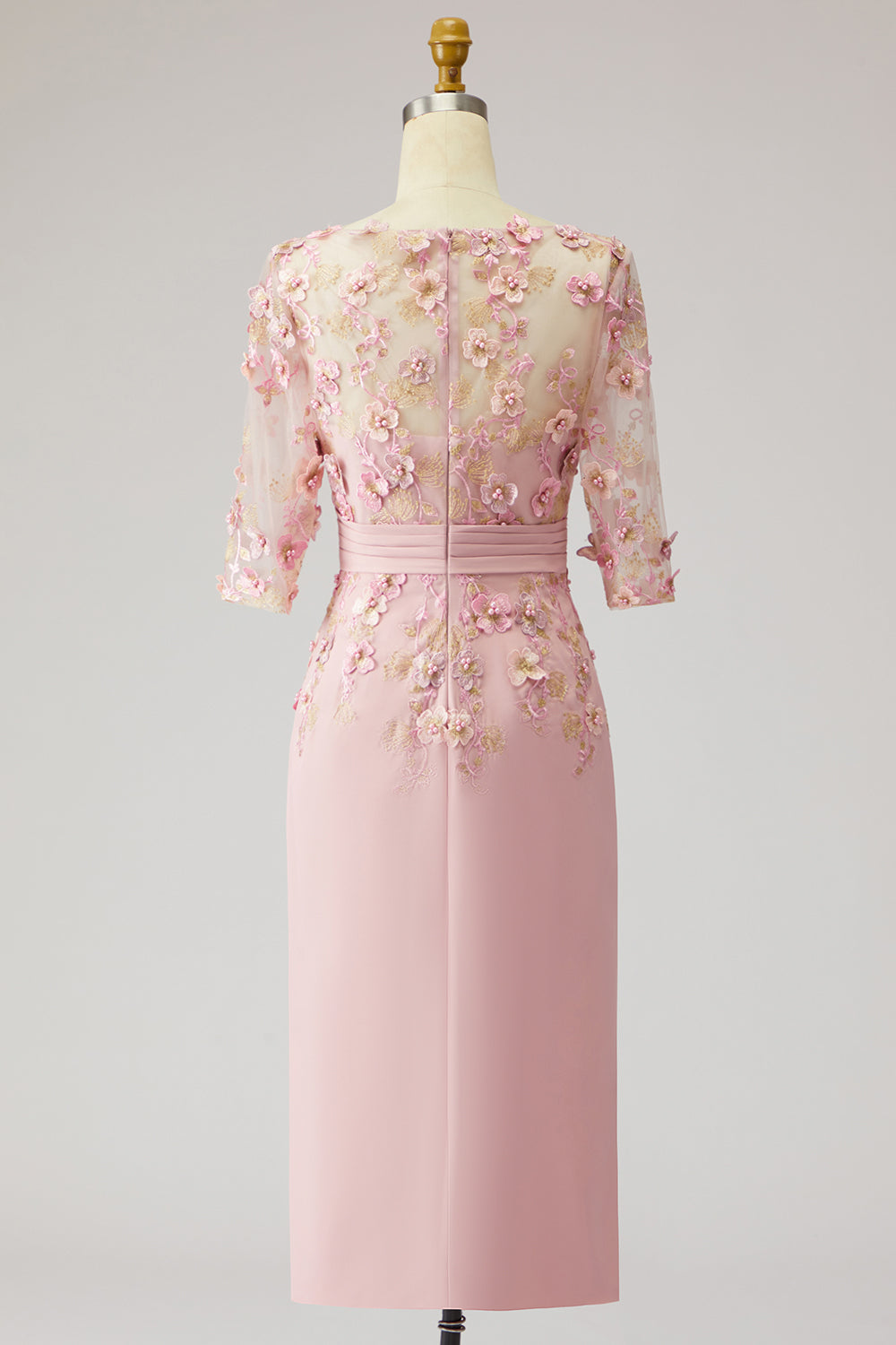 Floral Dusty Rose Boat Neck Midi Mother of the Bride Dress with Sleeves