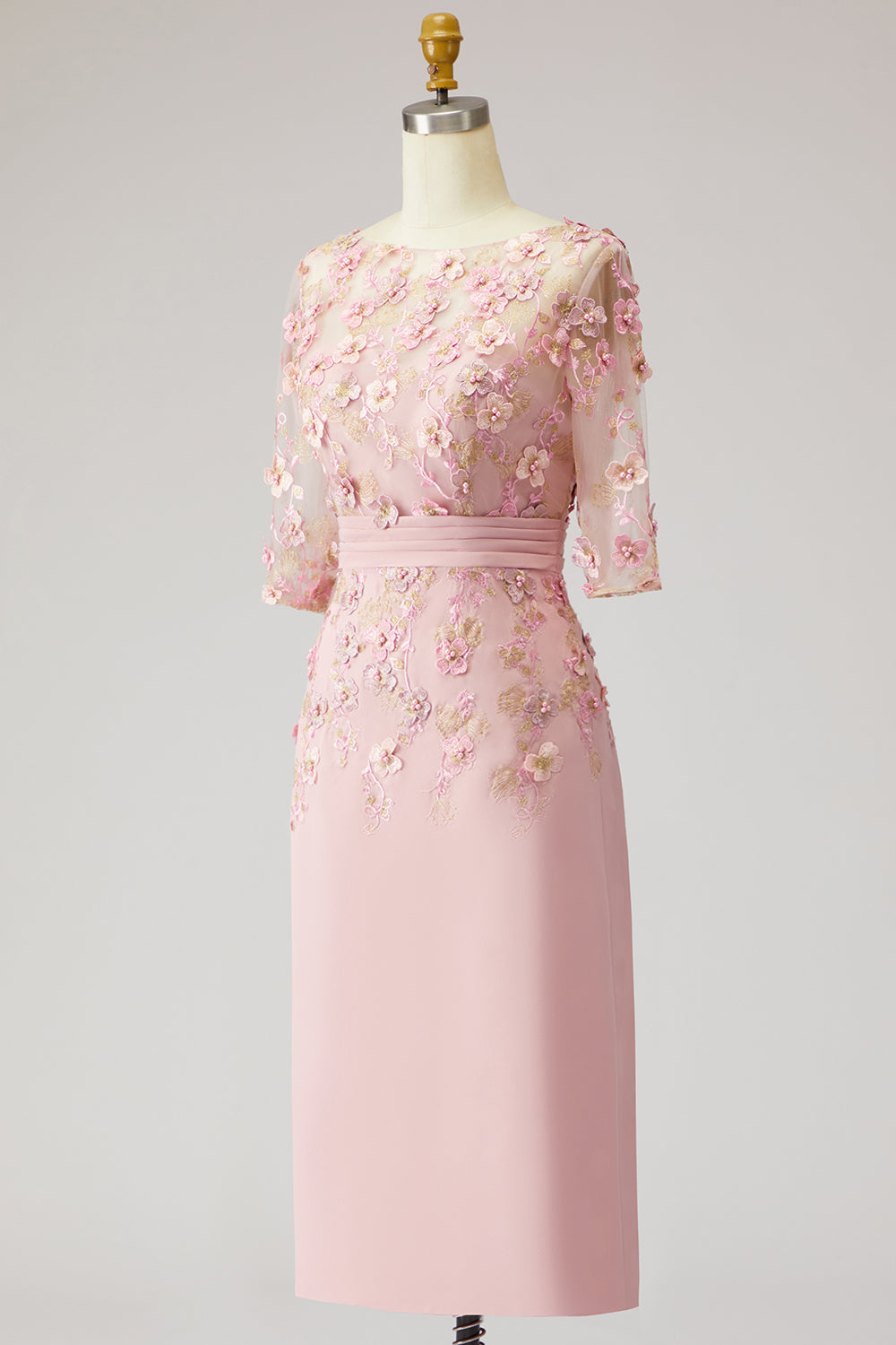 Floral Dusty Rose Boat Neck Midi Mother of the Bride Dress with Sleeves
