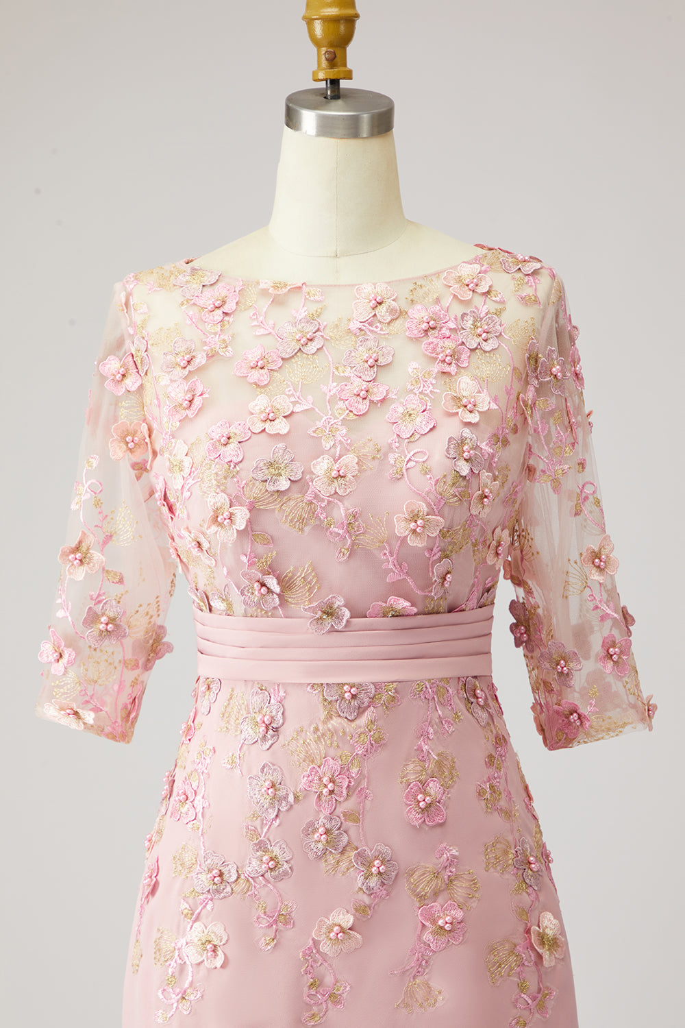 Floral Dusty Rose Boat Neck Midi Mother of the Bride Dress with Sleeves