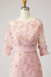 Floral Dusty Rose Boat Neck Midi Mother of the Bride Dress with Sleeves