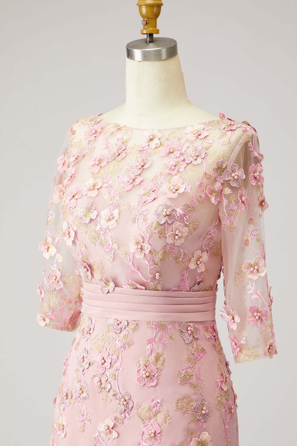 Floral Dusty Rose Boat Neck Midi Mother of the Bride Dress with Sleeves