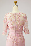 Floral Dusty Rose Boat Neck Midi Mother of the Bride Dress with Sleeves