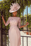 Floral Dusty Rose Bodycon Bateau Neck Midi Mother of the Bride Dress