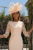 Candy Pink Bateau Neck Bodycon Midi Mother of the Bride Dress with Embroidery