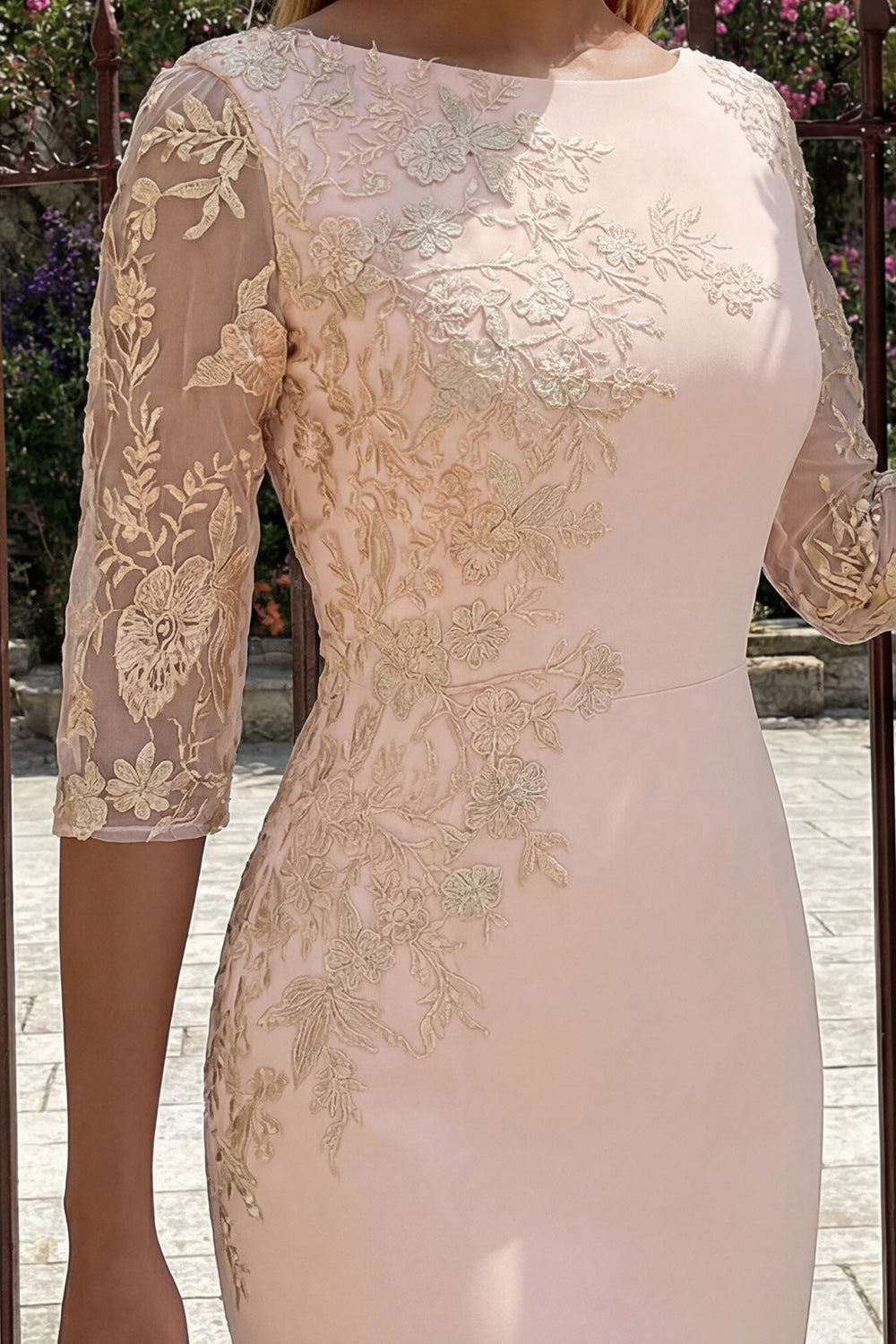 Candy Pink Bateau Neck Bodycon Midi Mother of the Bride Dress with Embroidery