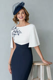 White and Navy Bodycon Midi Mother of the Bride Dress with Appliques