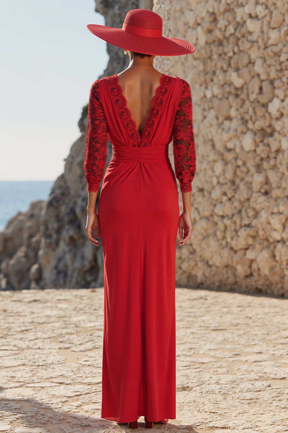 Red V-Neck Ruched Long Mother of the Bride Dress with Lace