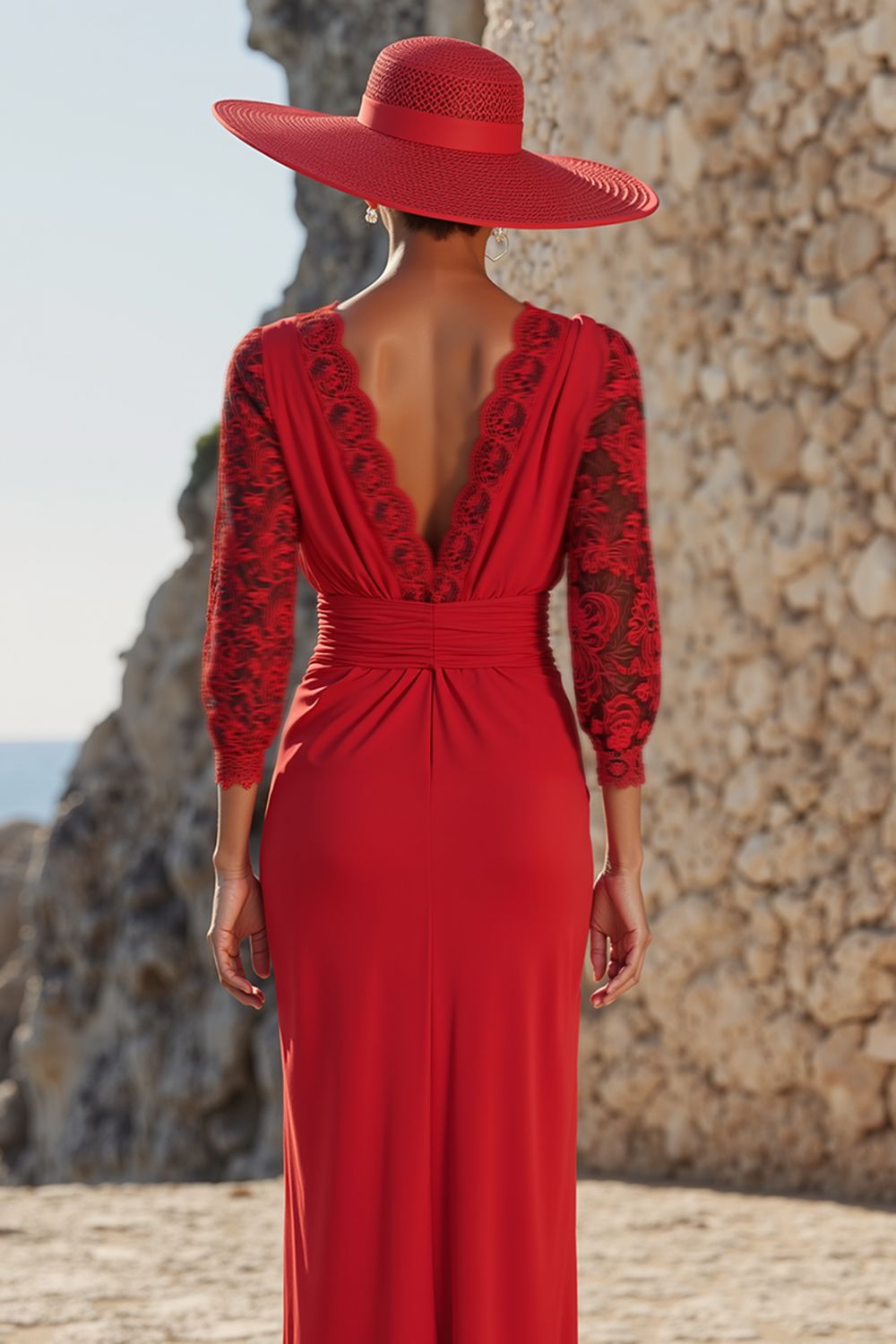 Red V-Neck Ruched Long Mother of the Bride Dress with Lace
