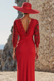 Red V-Neck Ruched Long Mother of the Bride Dress with Lace