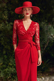 Red V-Neck Lace Mermaid Long Mother of the Bride Dress with Slit