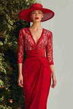Red V-Neck Lace Mermaid Long Mother of the Bride Dress with Sleeves