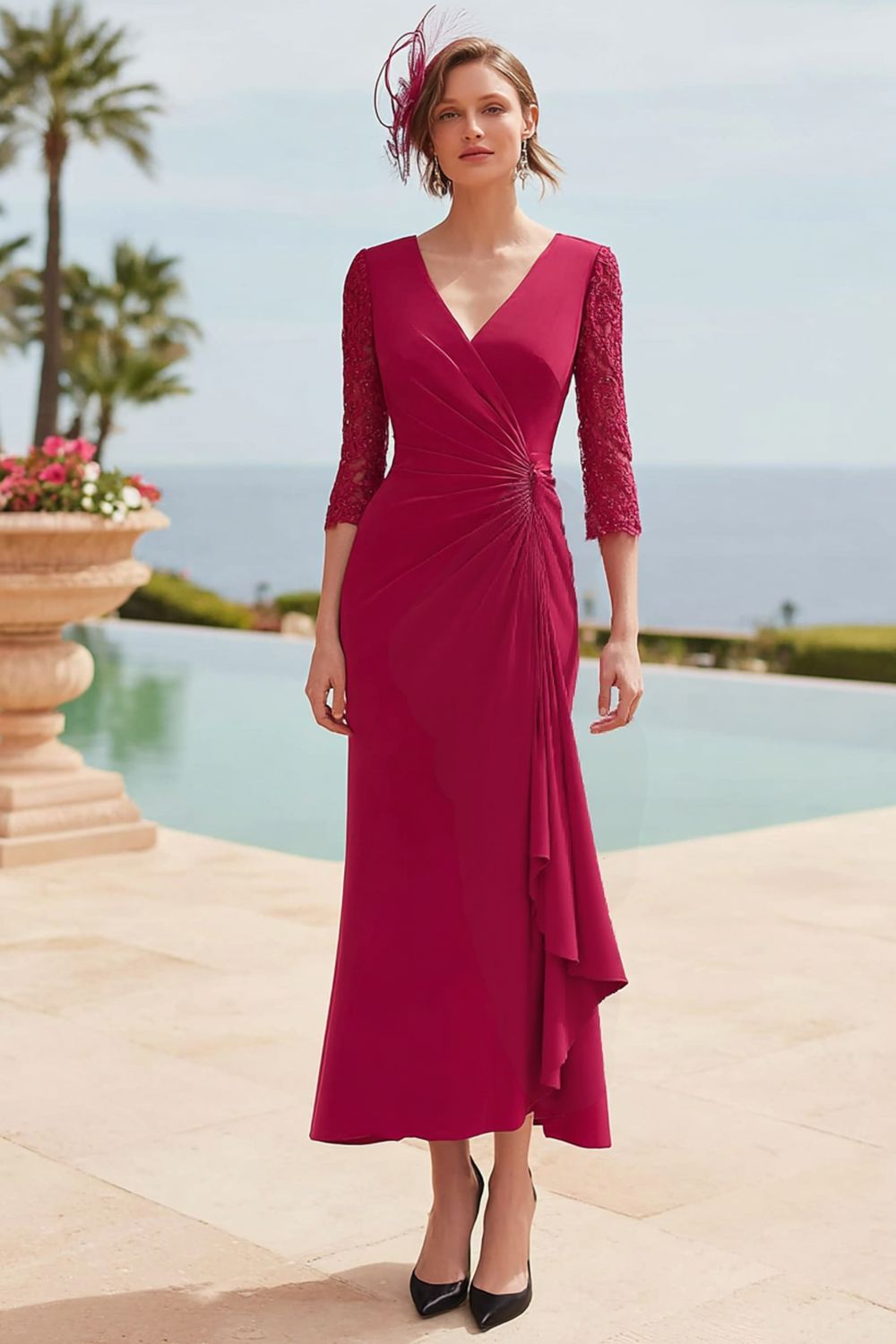 Zapakasa Women Dark Red Mermaid Long Mother of the Bride Dress with