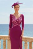 Floral Fuchsia V-Neck Appliqued Long Mother of the Bride Dress with Sleeves