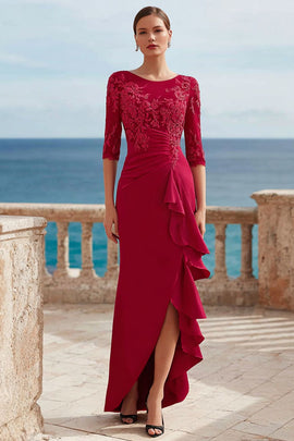 Dark Red Ruffled Appliqued Long Mother of the Bride Dress with Slit