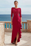 Dark Red Ruffled Appliqued Long Mother of the Bride Dress with Slit