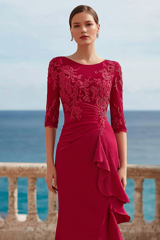 Dark Red Ruffled Appliqued Long Mother of the Bride Dress with Slit