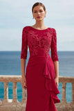 Dark Red Ruffled Appliqued Long Mother of the Bride Dress with Slit