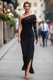 Black Sheath One Shoulder Long Mother of the Bride Dress with Lace