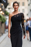 Black Sheath One Shoulder Long Mother of the Bride Dress with Lace