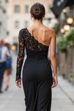 Black Sheath One Shoulder Long Mother of the Bride Dress with Lace