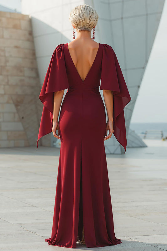 Burgundy Sparkly Mermaid Beaded Long Mother of the Bride Dress with Cape
