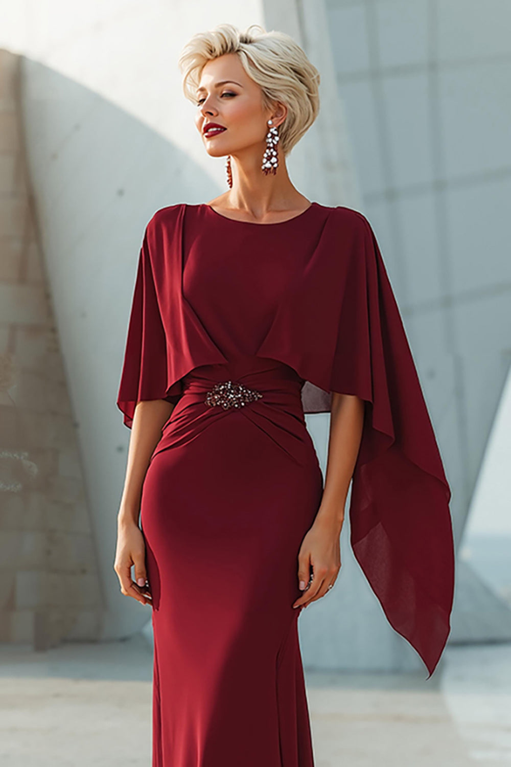 Burgundy Sparkly Mermaid Beaded Long Mother of the Bride Dress with Cape