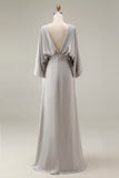Silver Mermaid Boat Neck Long Mother of the Bride Dress with Pockets