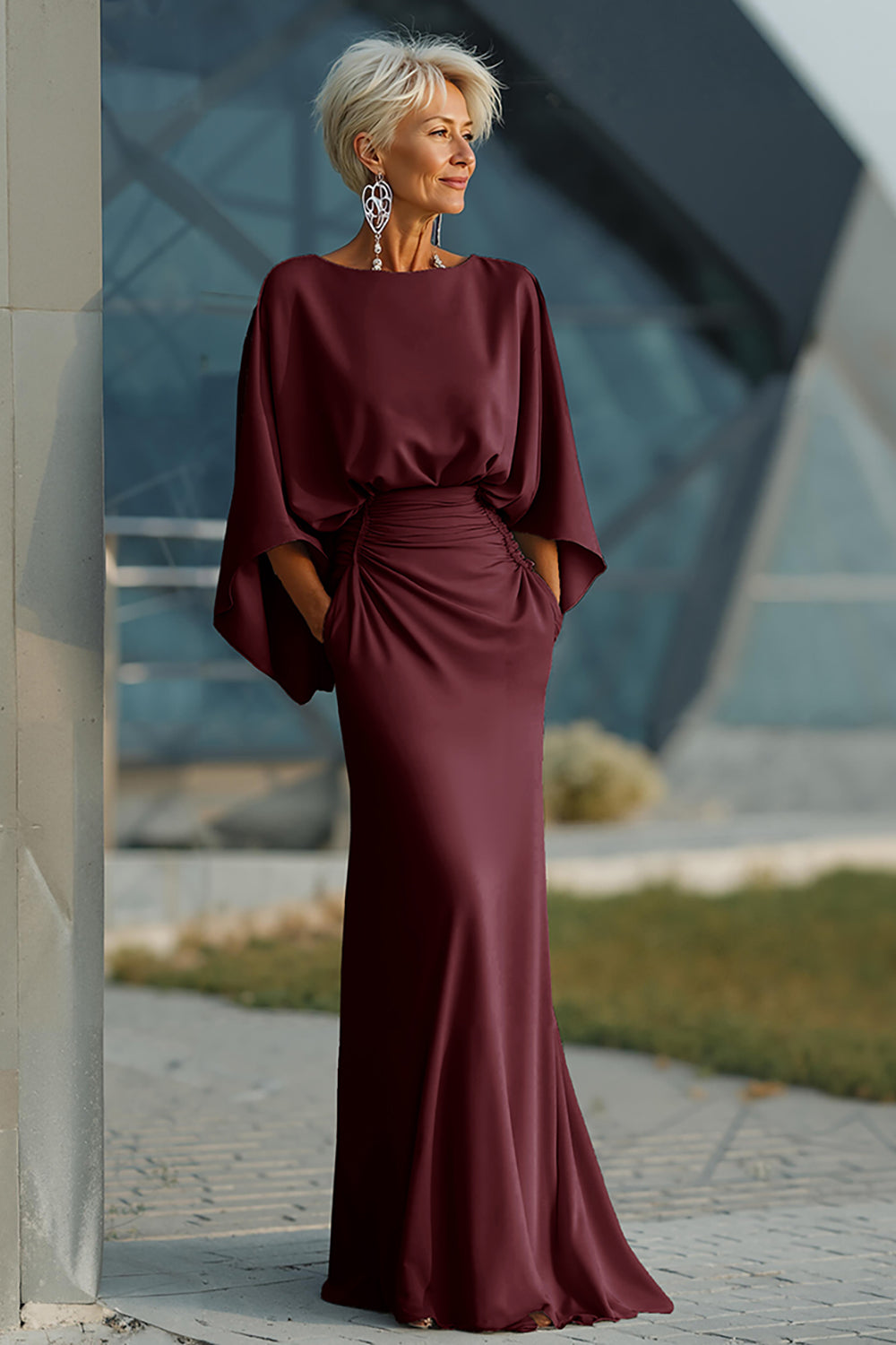 Zapakasa Women Silver Satin Long Mother of the Bride Dress with Sleeves Ruched Boat Neck Sheath Wedding Guest Dress with Pockets Zapakasa Women Silver Satin Long Mother of the Bride Dress with Sleeves Ruched Boat Neck Sheath Wedding Guest Dress with Pockets