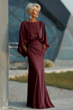 Silver Satin Long Mother of the Bride Dress with Sleeves Ruched Boat Neck Sheath Wedding Guest Dress with Pockets